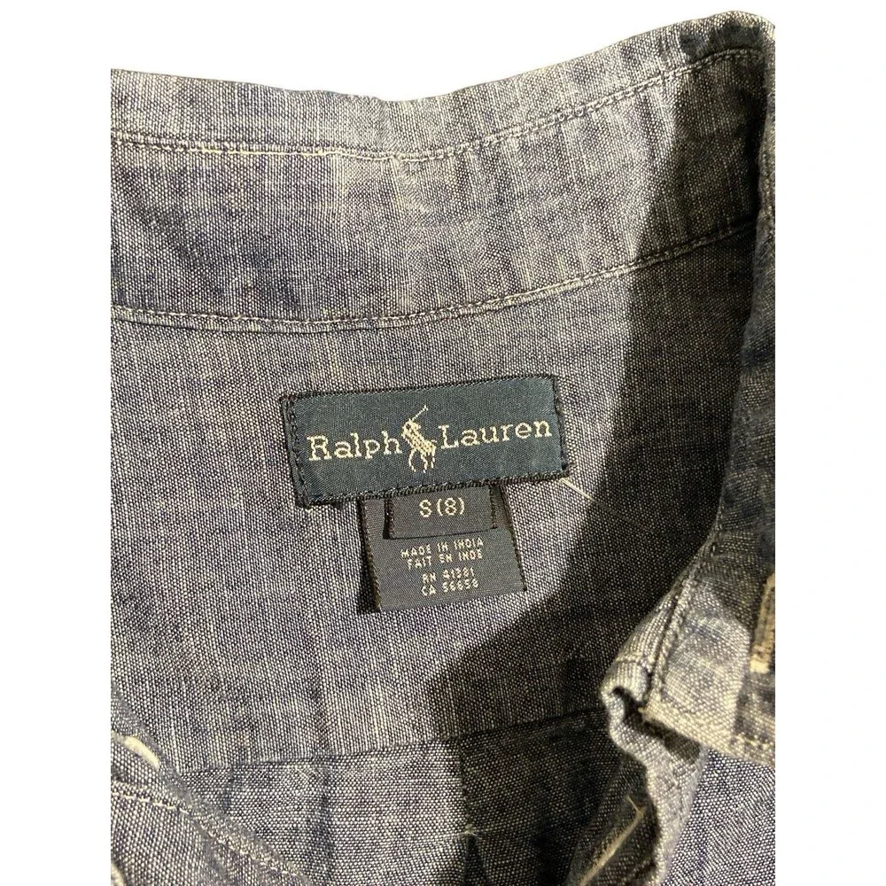 Ralph Lauren Boys‎ Sz 8 Chambray Button Down Shirt Blue Long Sleeve Cotton Logo